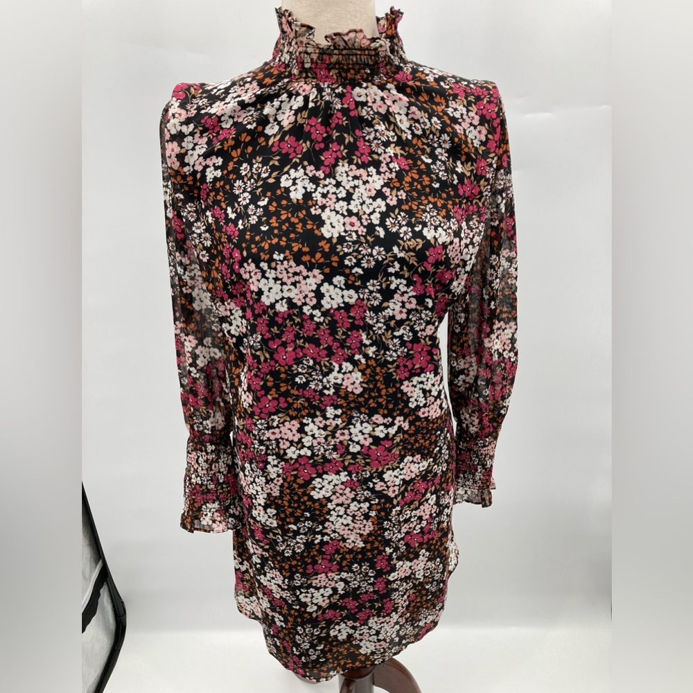 Ann Taylor Women’s Black/ Floral Print Turtleneck Long Sleeve Zip Flow Dress